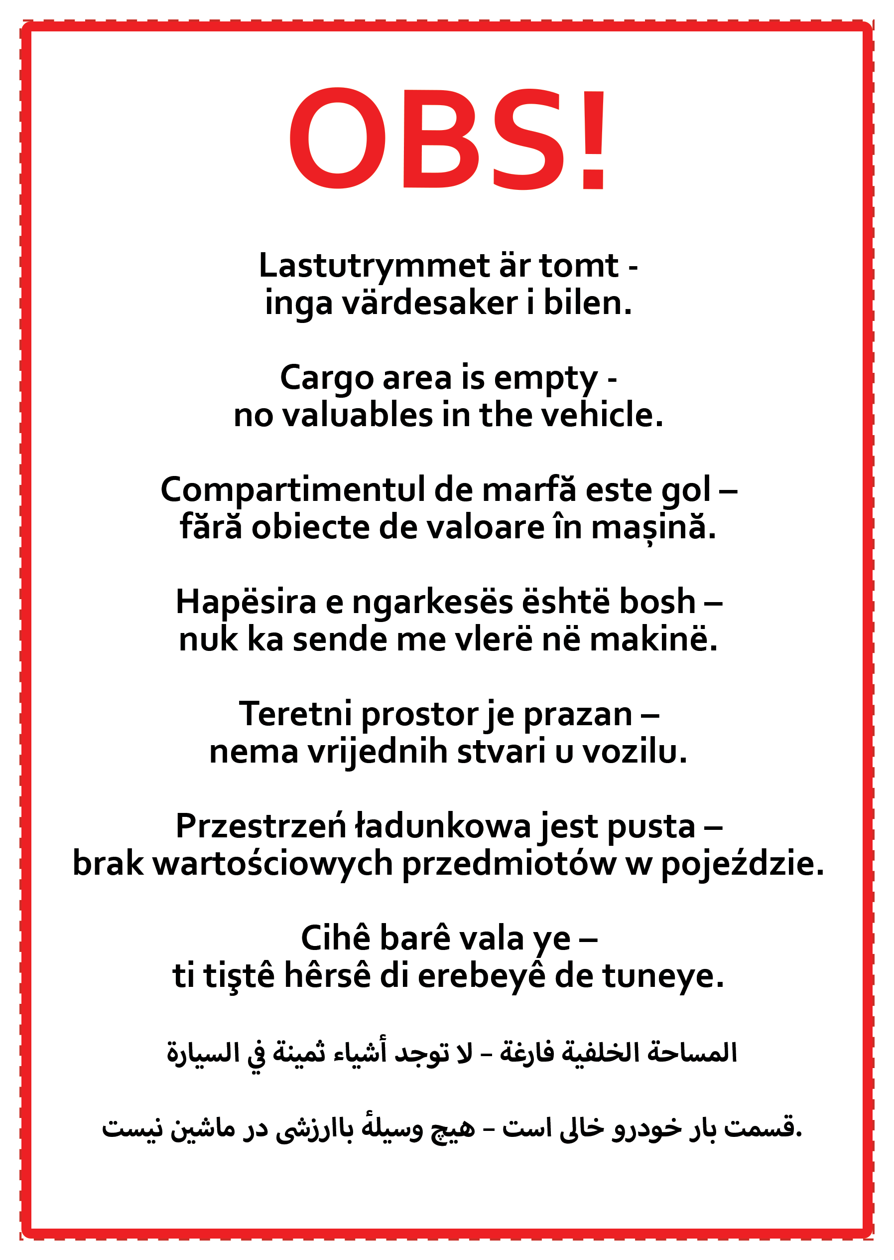 Varningsklistermärke - Lastutrymmet är tomt