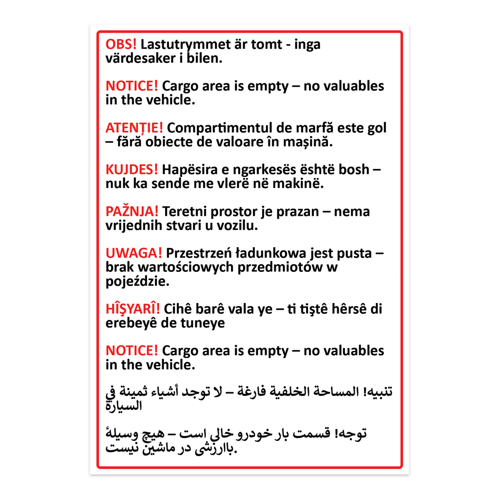 Varningsklistermärke - Lastutrymmet är tomt