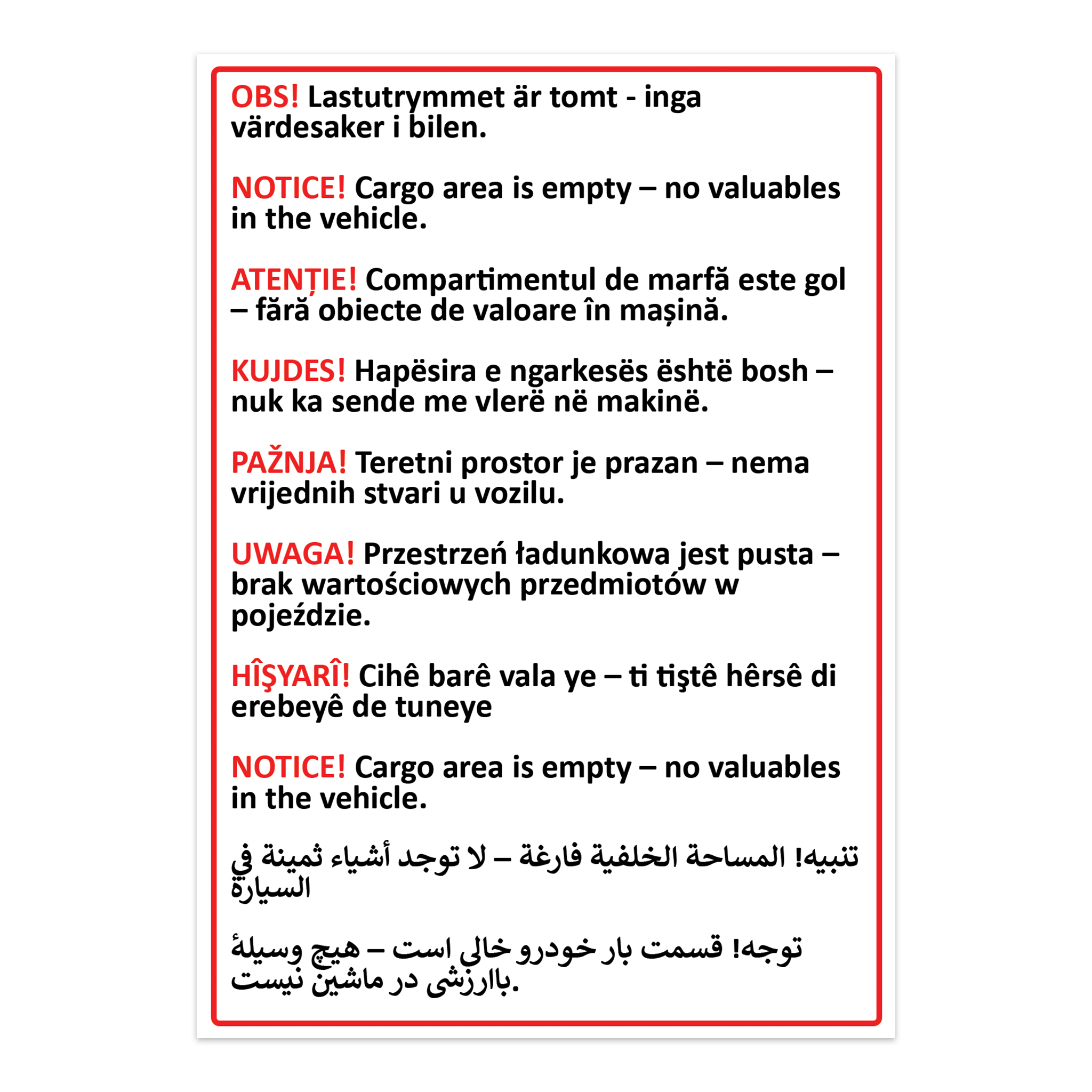 Varningsklistermärke - Lastutrymmet är tomt